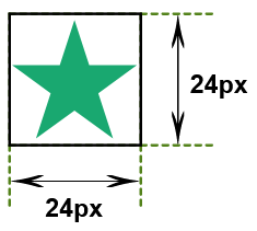Türkiser Stern in einem Quadrat mit den horizontalen und vertikalen Dimensionsangaben 24px